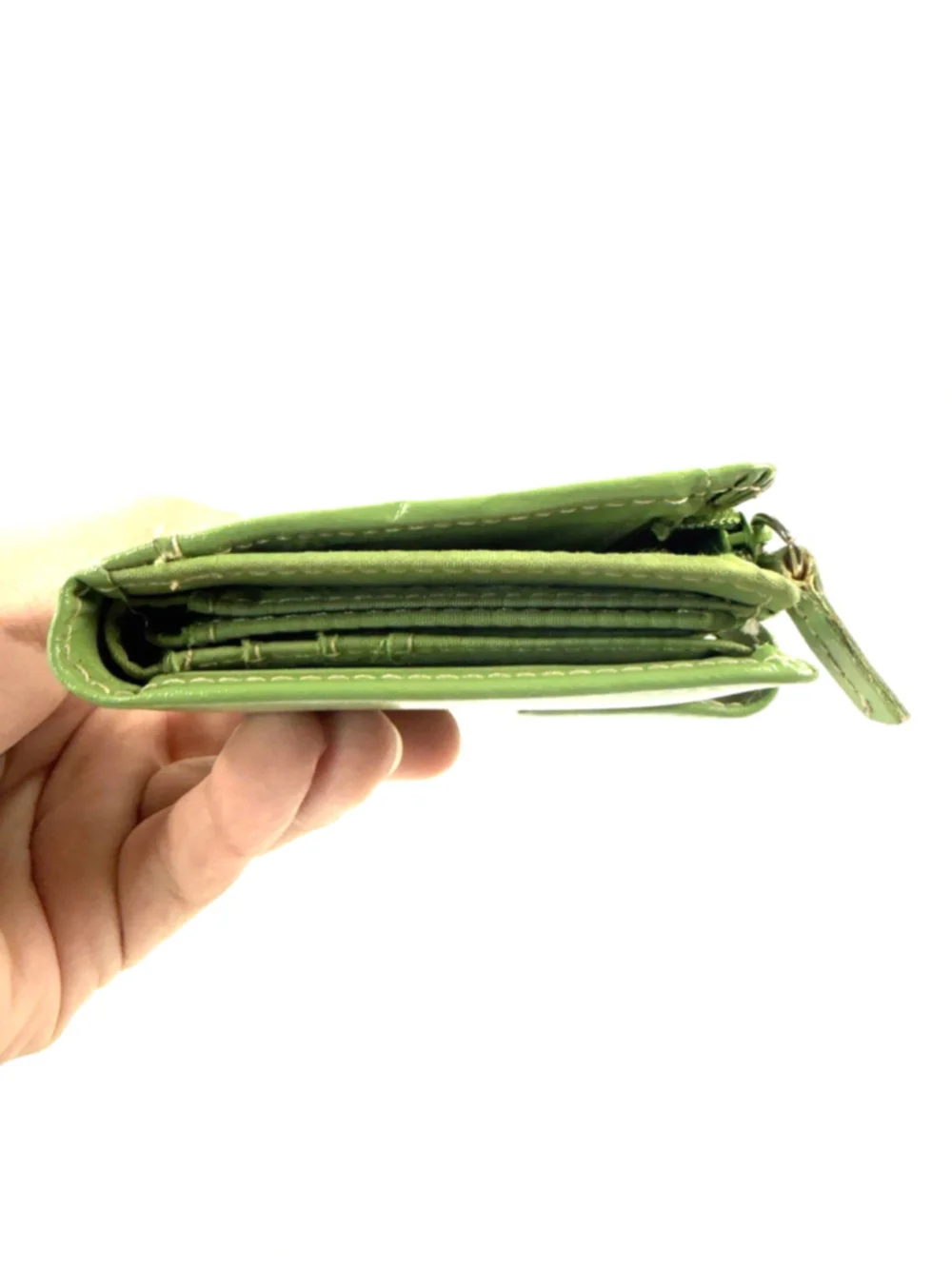 Buxton Green Leather Card Holder Wallet 3 id windows credit card and zip pocket